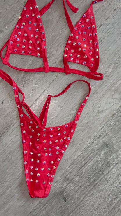 Rhinestone adjustable bikini red