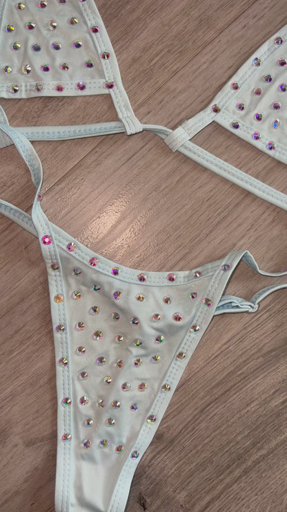 Rhinestone adjustable bikini light blue