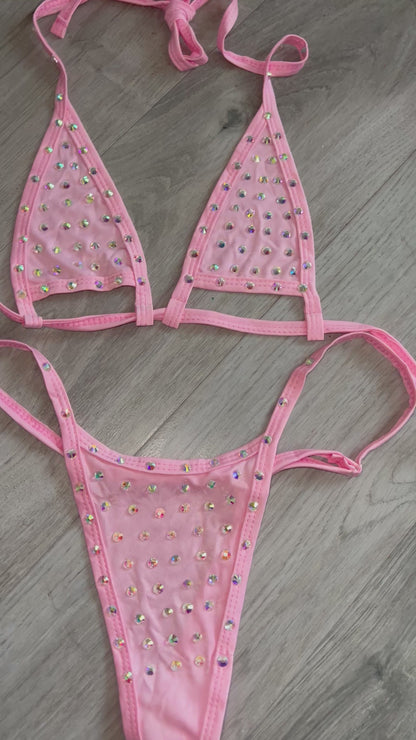 Rhinestone adjustable bikini light pink